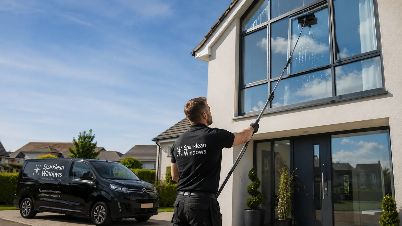Water-fed pole cleaning an upper-storey window