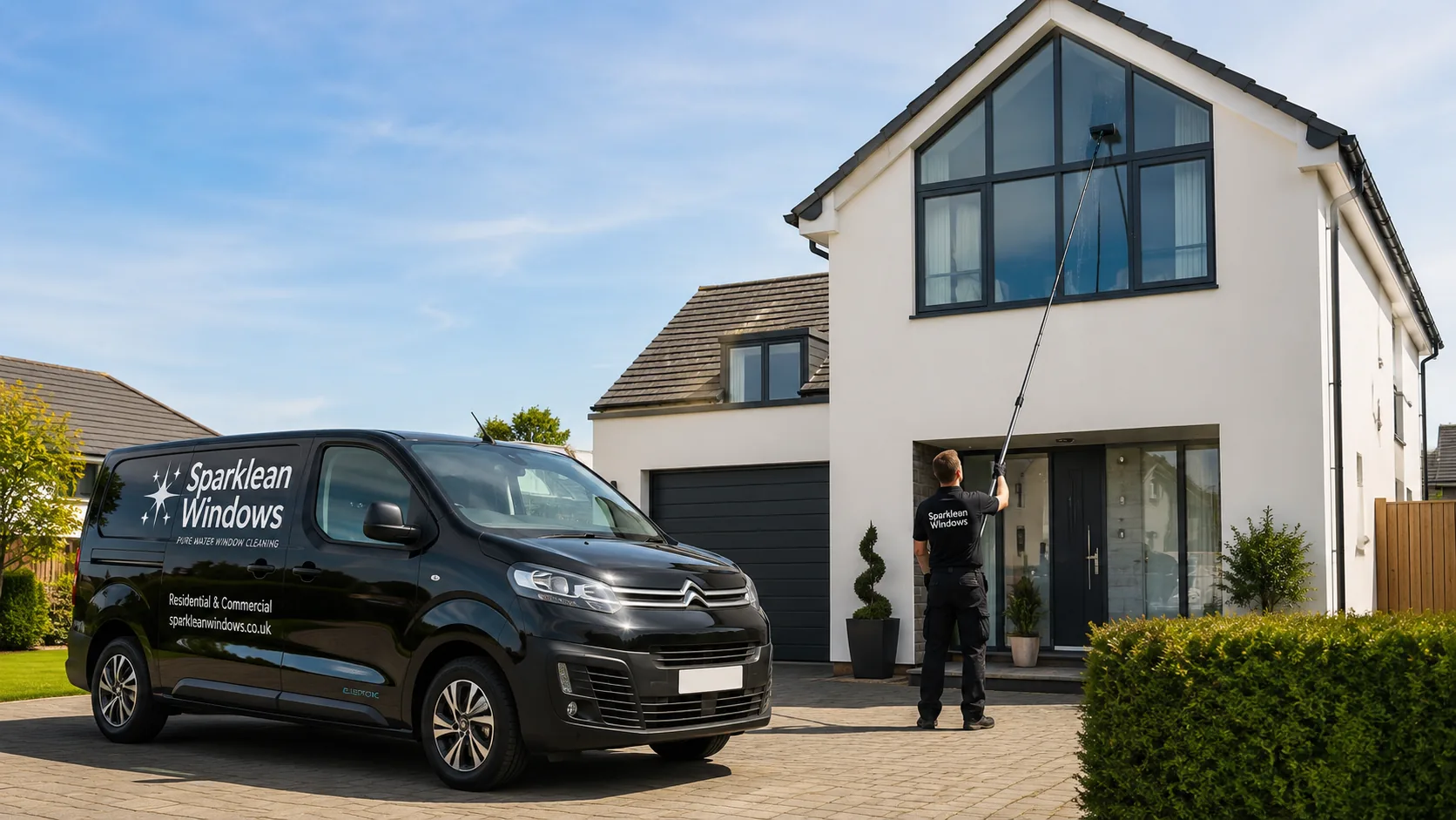 Professional window cleaner using a water-fed pole beside a black Sparklean Windows van