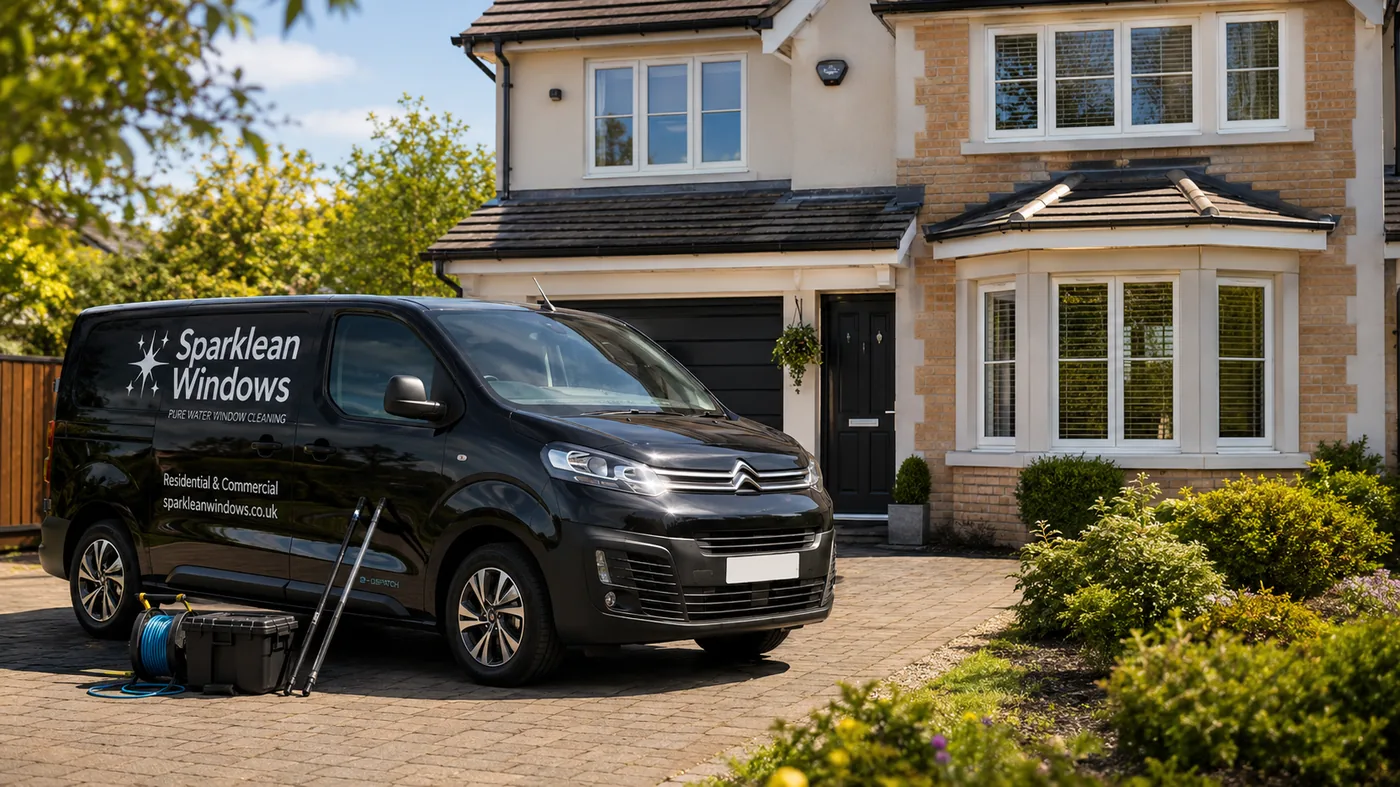 Black Sparklean Windows electric van with window-cleaning equipment